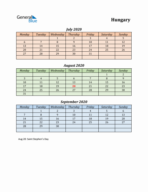 Q3 2020 Holiday Calendar - Hungary