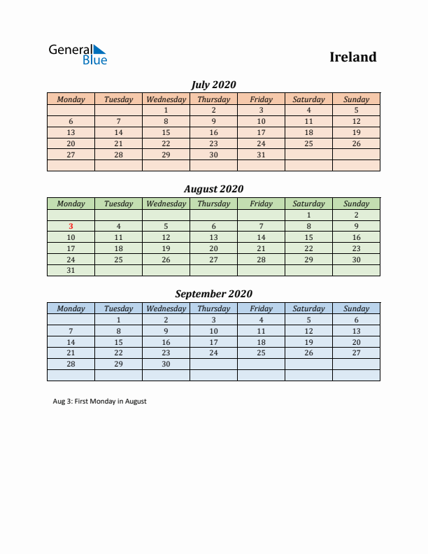 Q3 2020 Holiday Calendar - Ireland