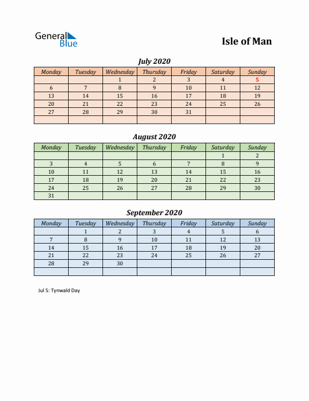 Q3 2020 Holiday Calendar - Isle of Man