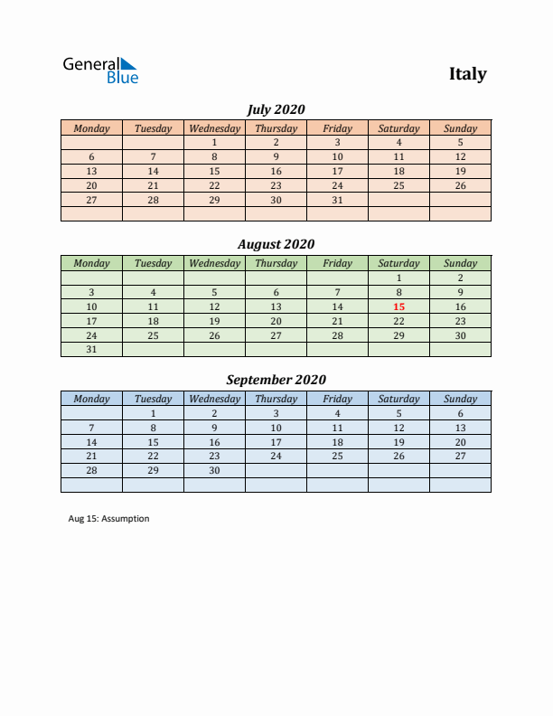 Q3 2020 Holiday Calendar - Italy