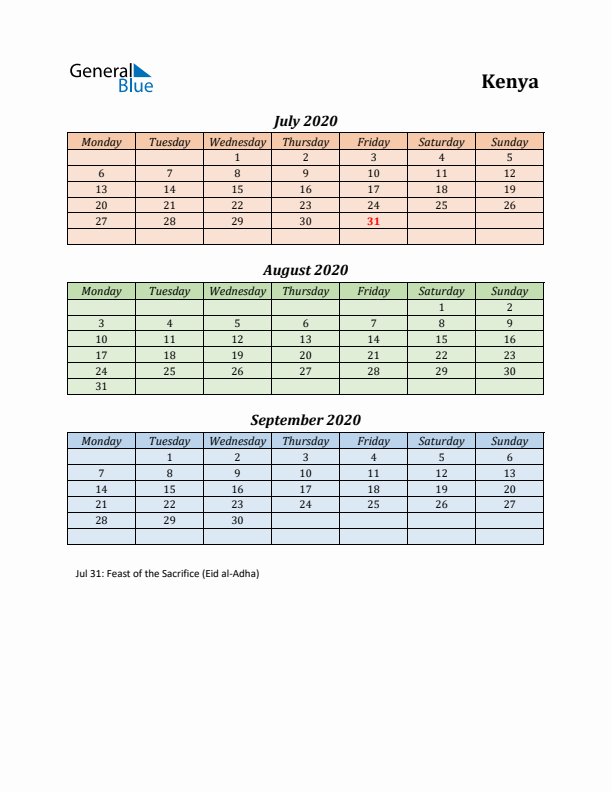 Q3 2020 Holiday Calendar - Kenya