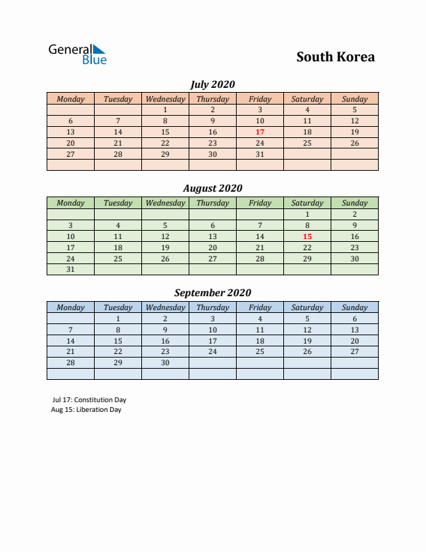 Q3 2020 Holiday Calendar - South Korea