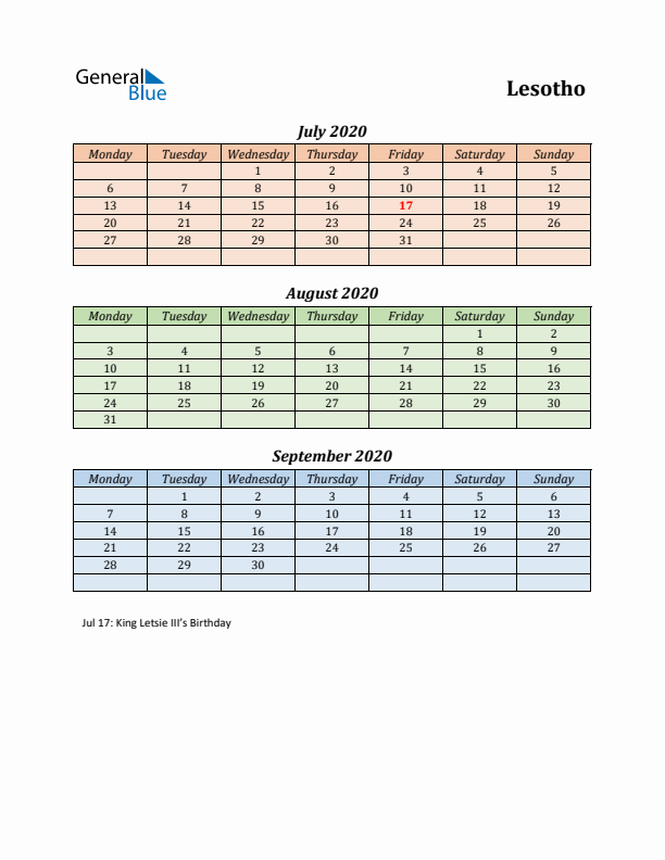 Q3 2020 Holiday Calendar - Lesotho