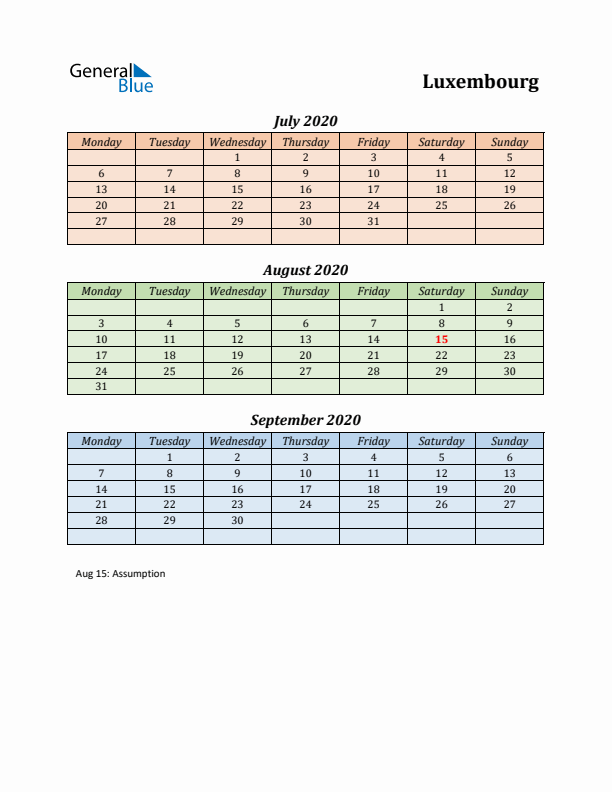 Q3 2020 Holiday Calendar - Luxembourg