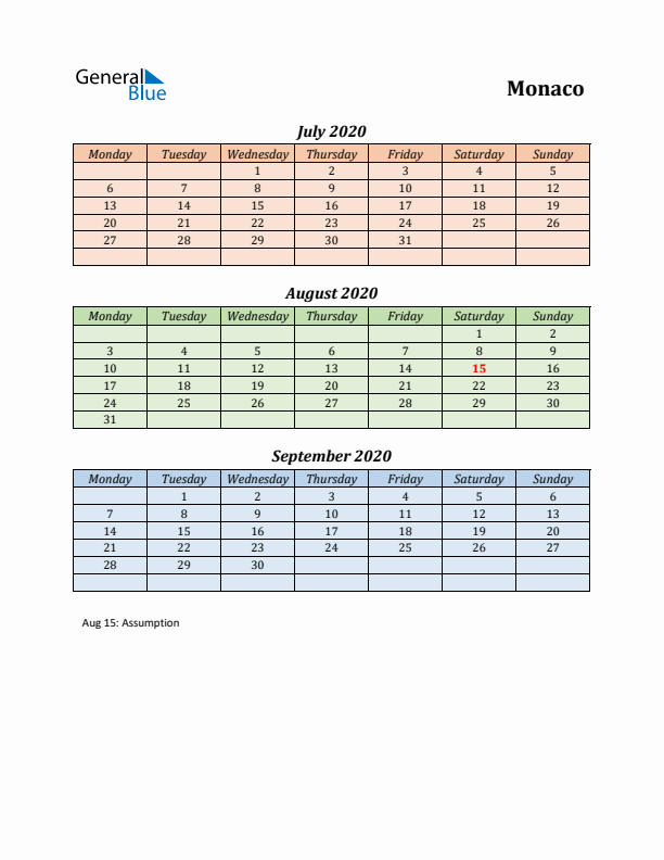 Q3 2020 Holiday Calendar - Monaco