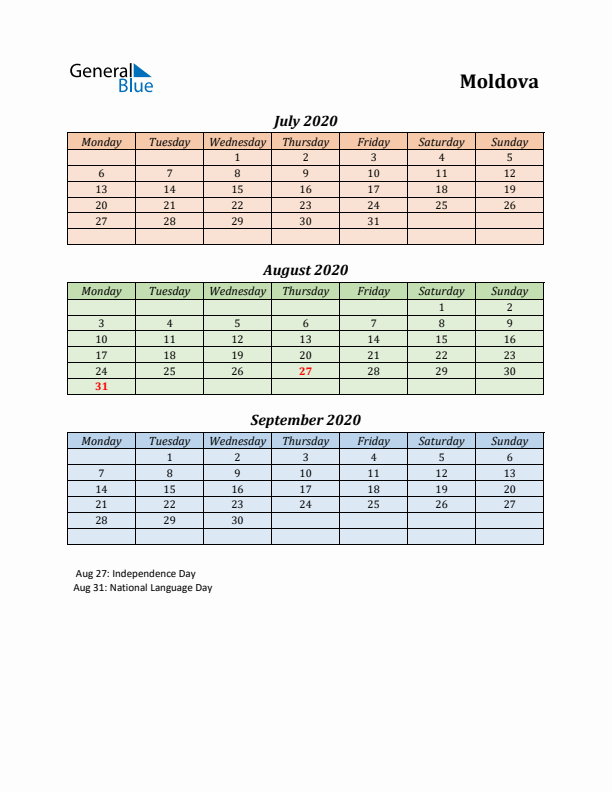 Q3 2020 Holiday Calendar - Moldova