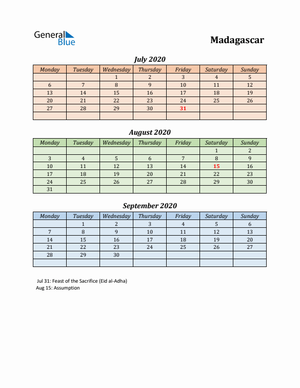 Q3 2020 Holiday Calendar - Madagascar