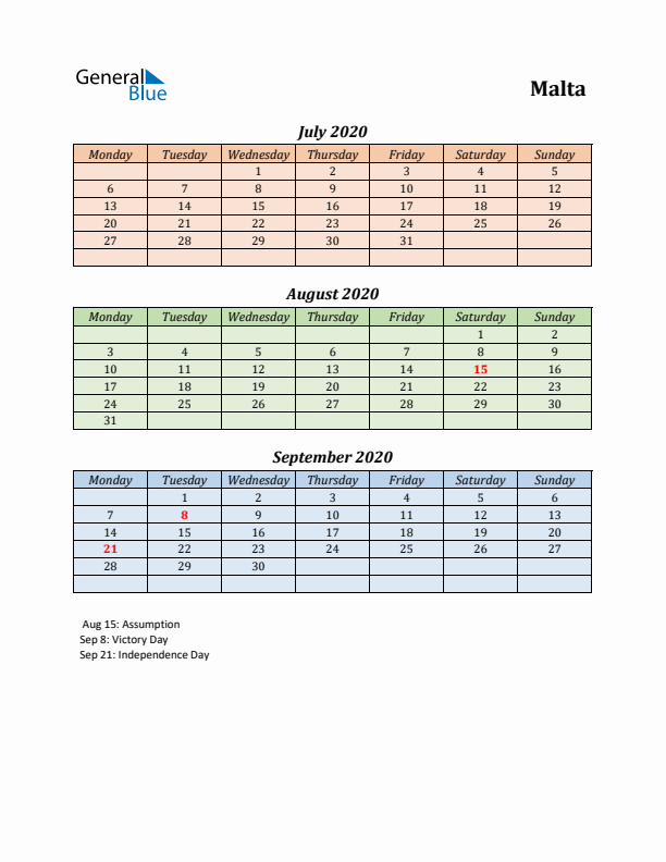 Q3 2020 Holiday Calendar - Malta