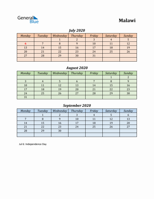 Q3 2020 Holiday Calendar - Malawi