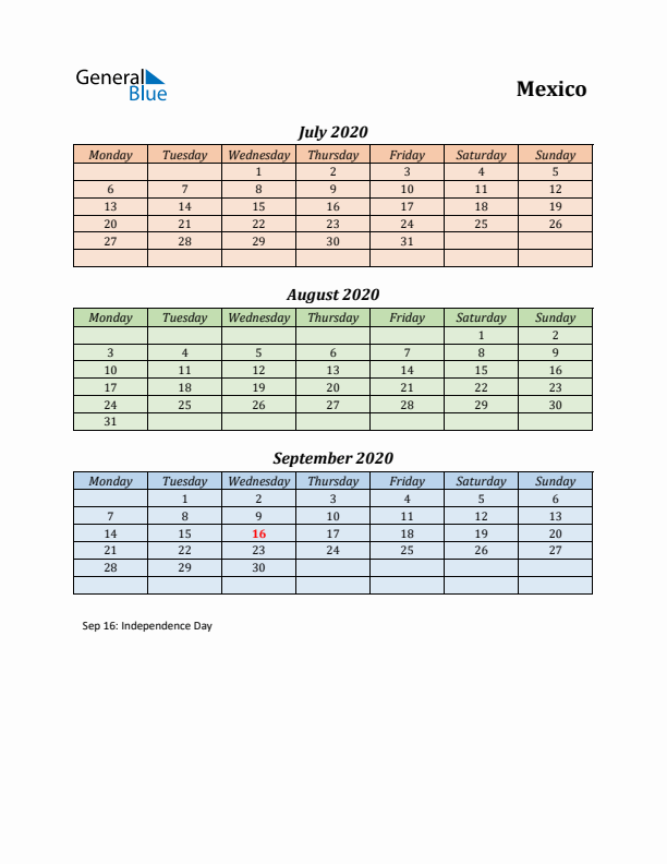 Q3 2020 Holiday Calendar - Mexico