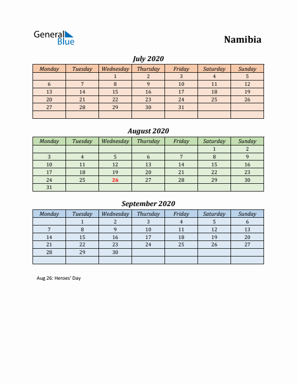 Q3 2020 Holiday Calendar - Namibia