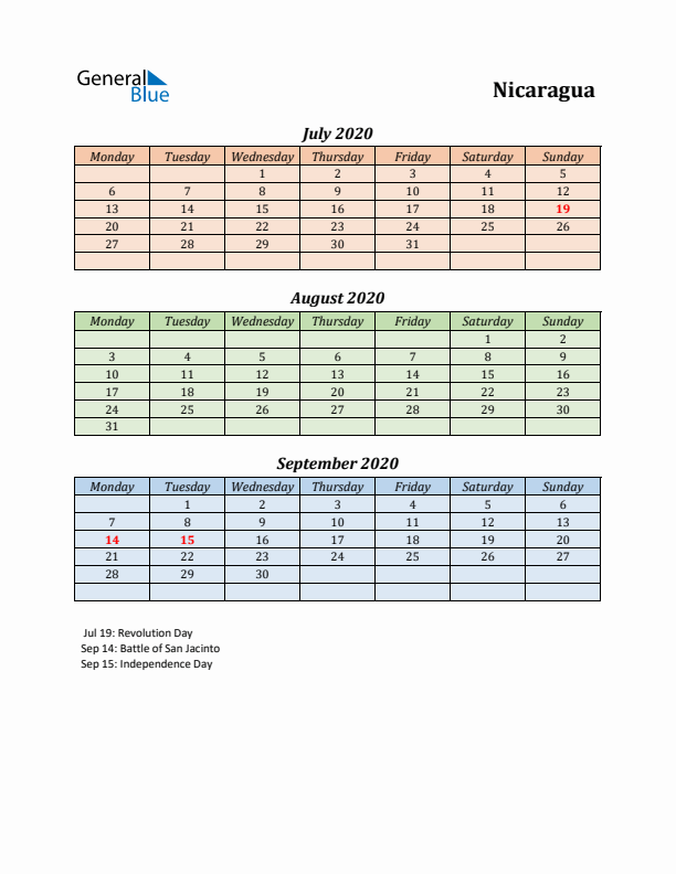 Q3 2020 Holiday Calendar - Nicaragua