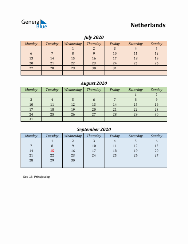 Q3 2020 Holiday Calendar - The Netherlands