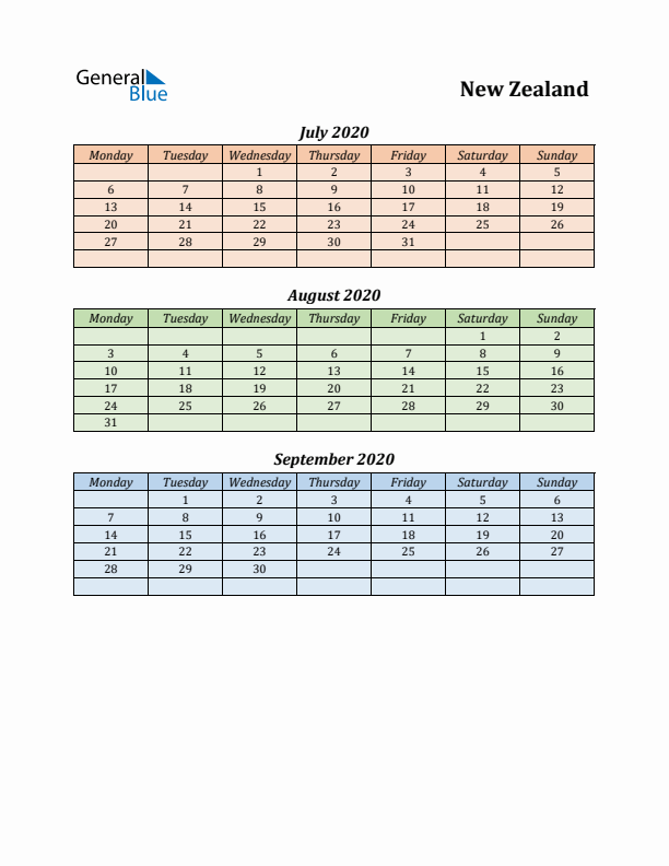 Q3 2020 Holiday Calendar - New Zealand