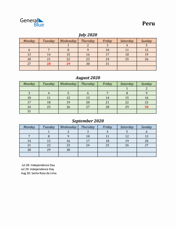 Q3 2020 Holiday Calendar - Peru