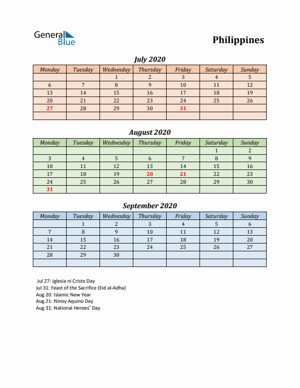 Q3 2020 Holiday Calendar - Philippines