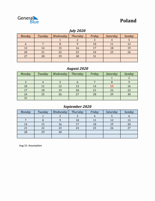 Q3 2020 Holiday Calendar - Poland