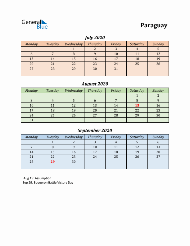 Q3 2020 Holiday Calendar - Paraguay