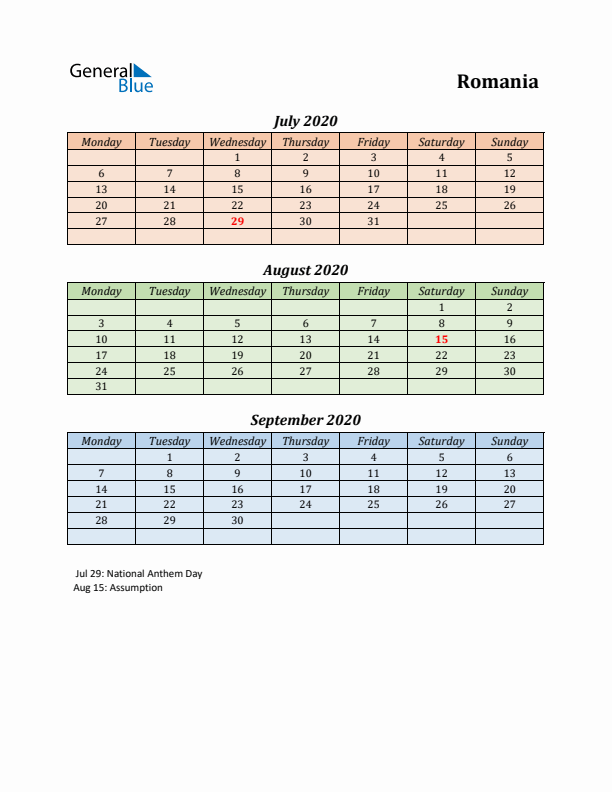 Q3 2020 Holiday Calendar - Romania