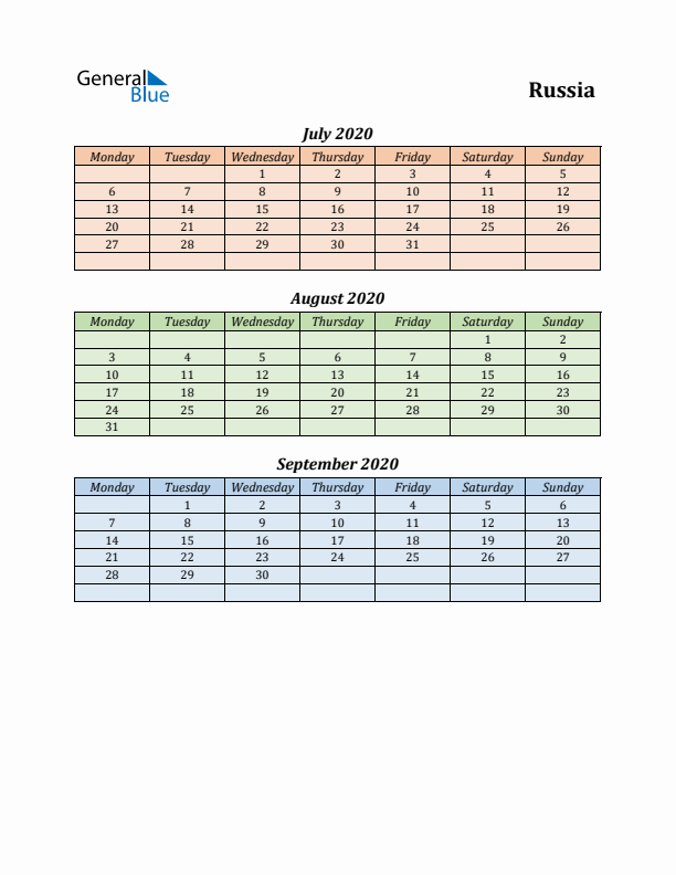 Q3 2020 Holiday Calendar - Russia