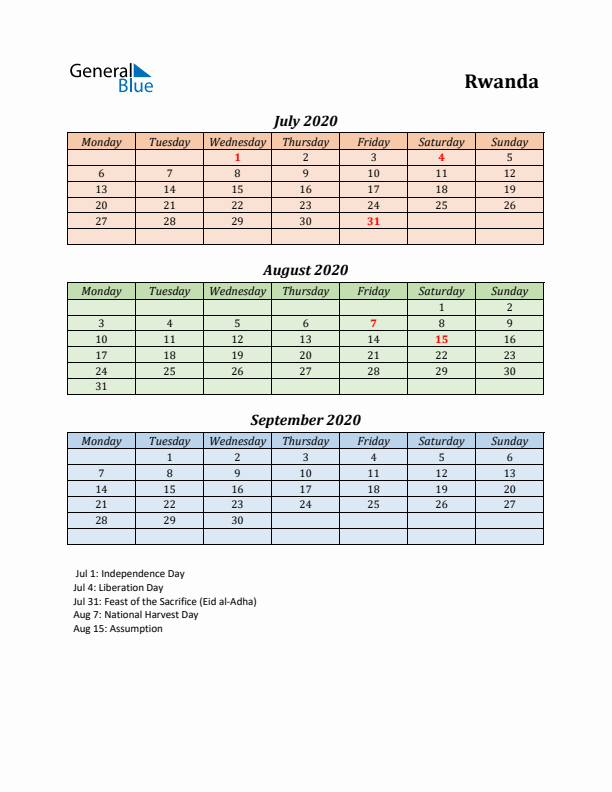 Q3 2020 Holiday Calendar - Rwanda