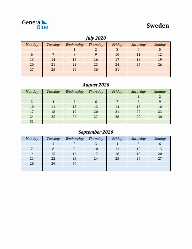 Q3 2020 Holiday Calendar - Sweden