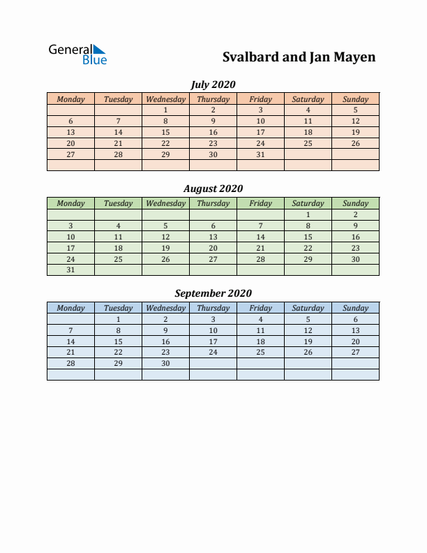 Q3 2020 Holiday Calendar - Svalbard and Jan Mayen