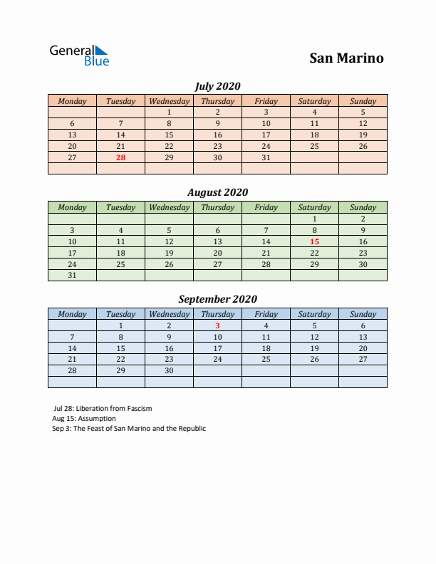 Q3 2020 Holiday Calendar - San Marino