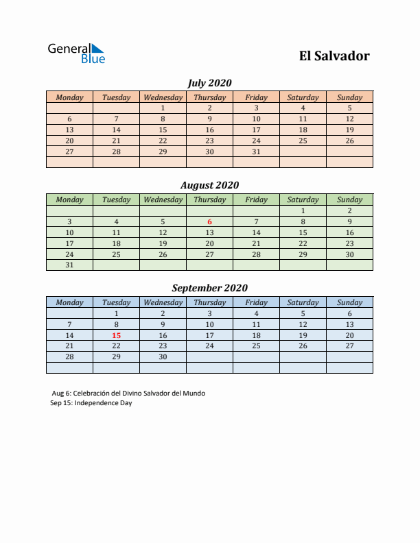 Q3 2020 Holiday Calendar - El Salvador