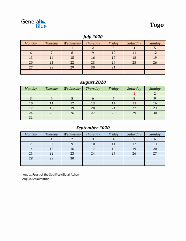 Q3 2020 Holiday Calendar - Togo