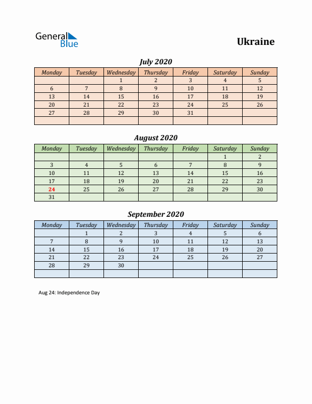 Q3 2020 Holiday Calendar - Ukraine