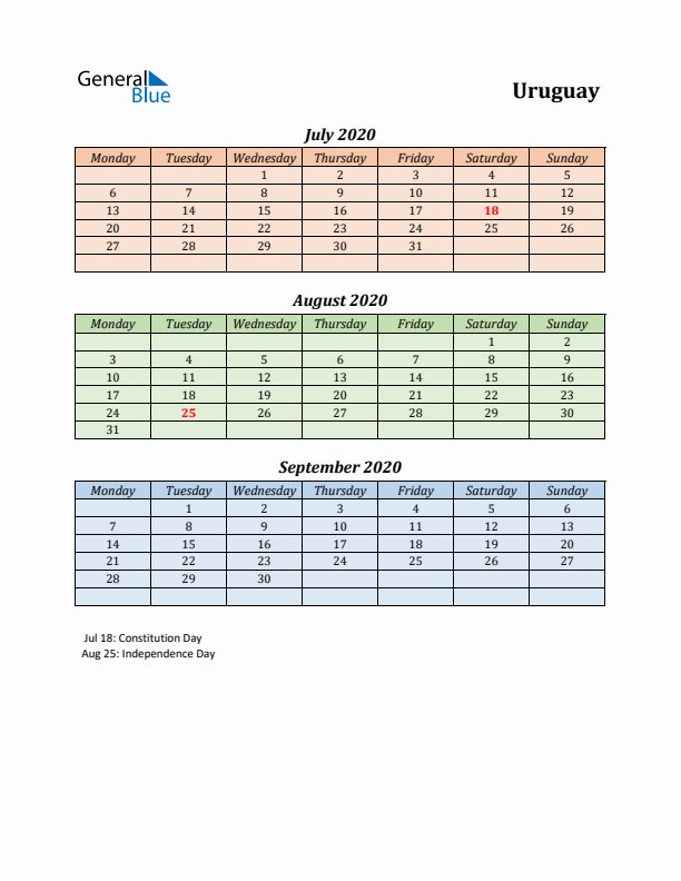 Q3 2020 Holiday Calendar - Uruguay