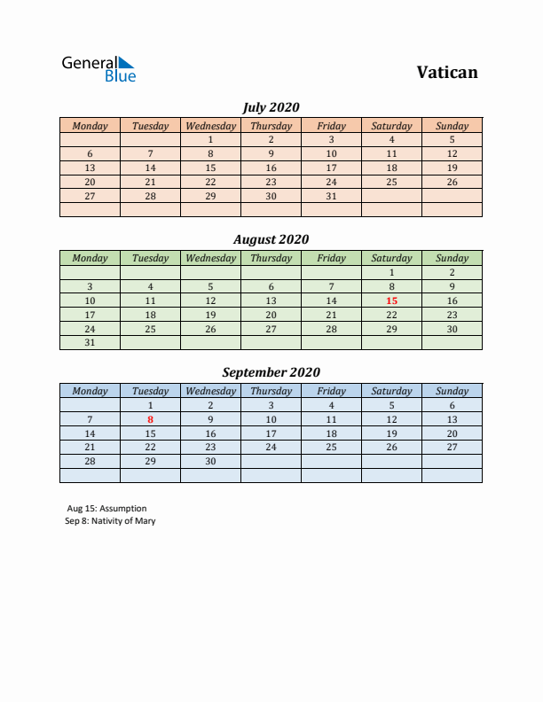 Q3 2020 Holiday Calendar - Vatican