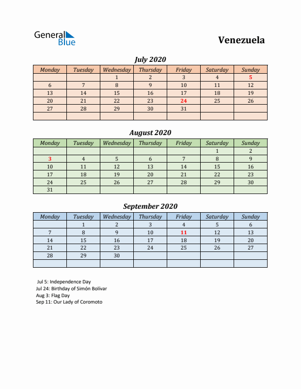 Q3 2020 Holiday Calendar - Venezuela