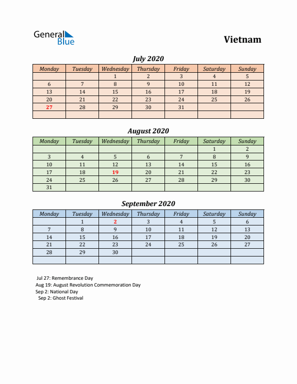 Q3 2020 Holiday Calendar - Vietnam