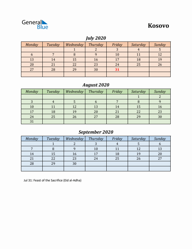 Q3 2020 Holiday Calendar - Kosovo