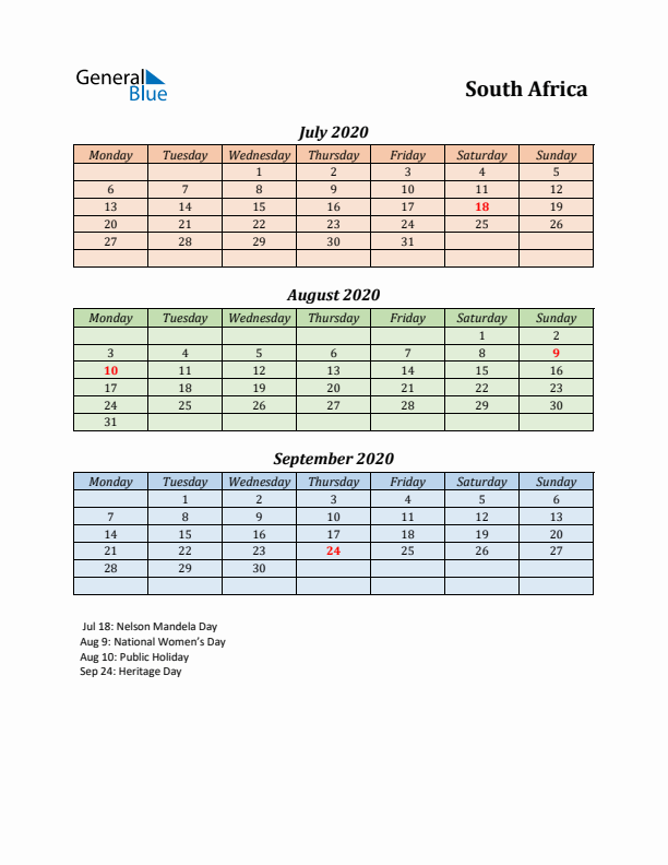 Q3 2020 Holiday Calendar - South Africa