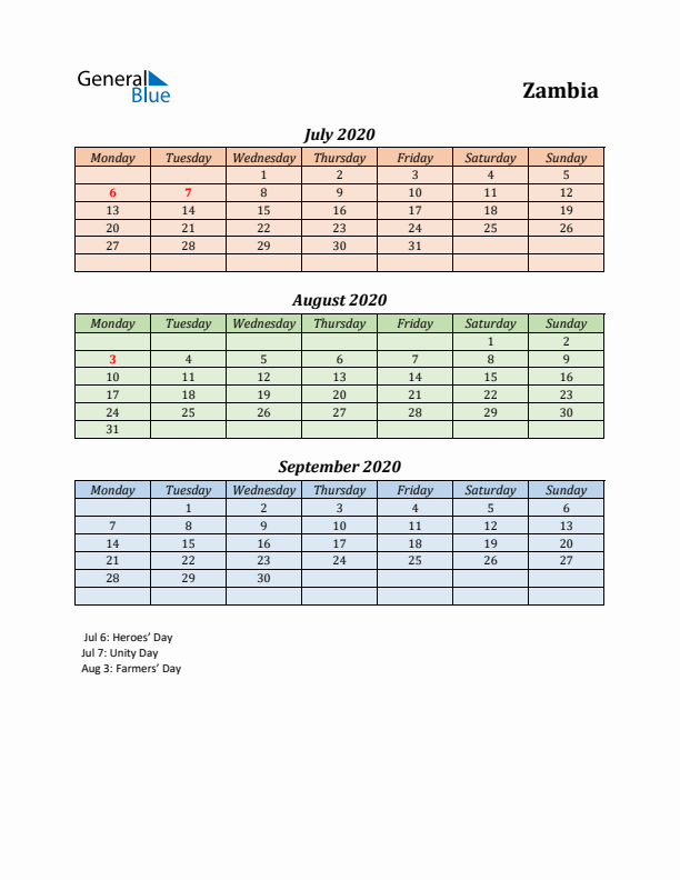 Q3 2020 Holiday Calendar - Zambia