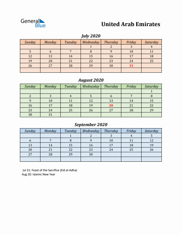 Q3 2020 Holiday Calendar - United Arab Emirates