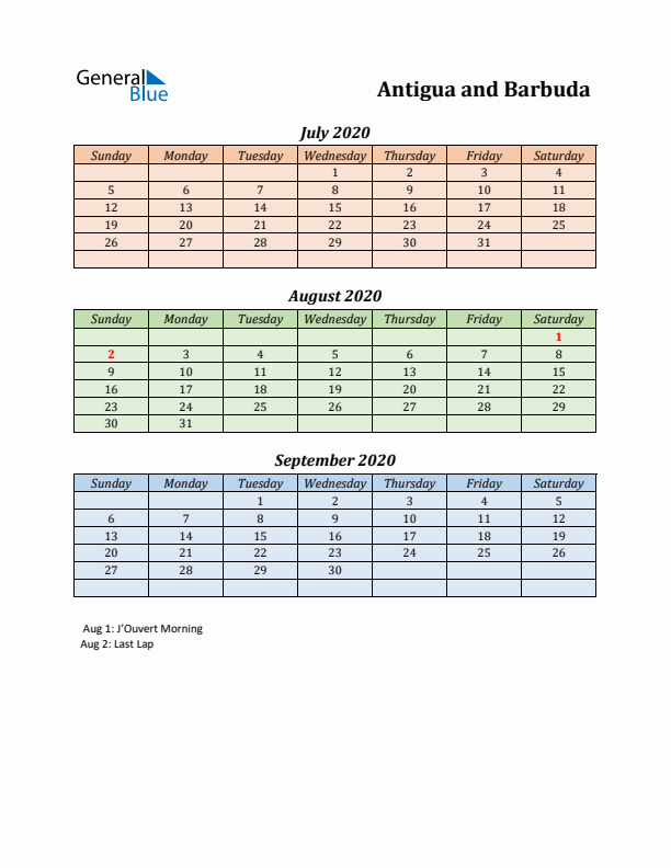 Q3 2020 Holiday Calendar - Antigua and Barbuda