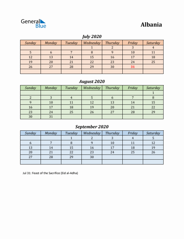 Q3 2020 Holiday Calendar - Albania