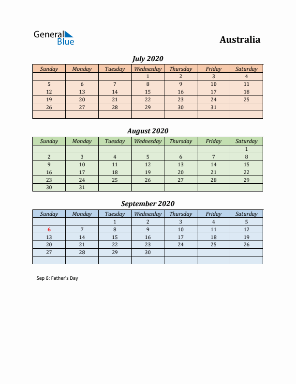 Q3 2020 Holiday Calendar - Australia