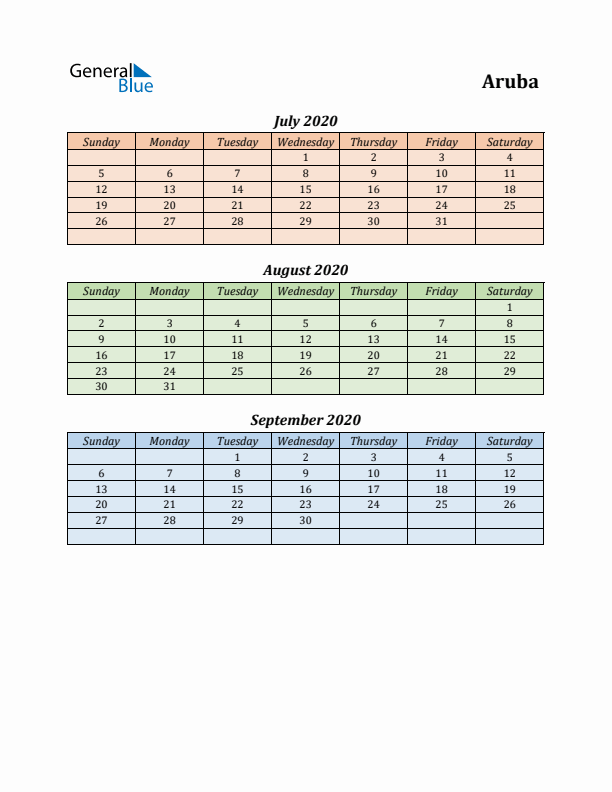 Q3 2020 Holiday Calendar - Aruba