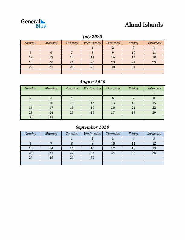 Q3 2020 Holiday Calendar - Aland Islands