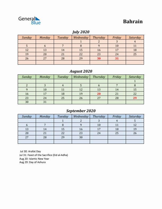 Q3 2020 Holiday Calendar - Bahrain