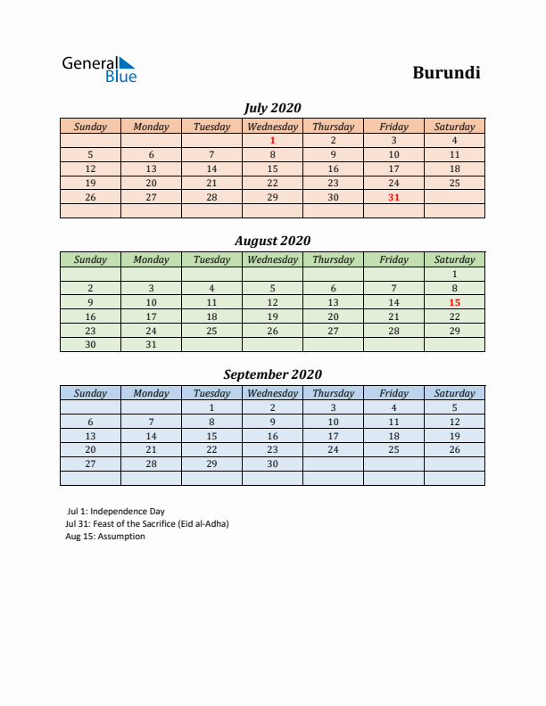 Q3 2020 Holiday Calendar - Burundi