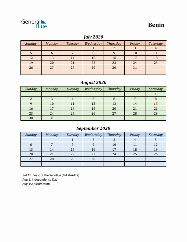 Q3 2020 Holiday Calendar - Benin