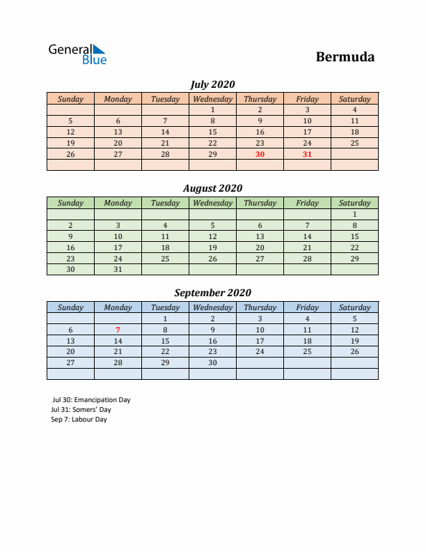 Q3 2020 Holiday Calendar - Bermuda