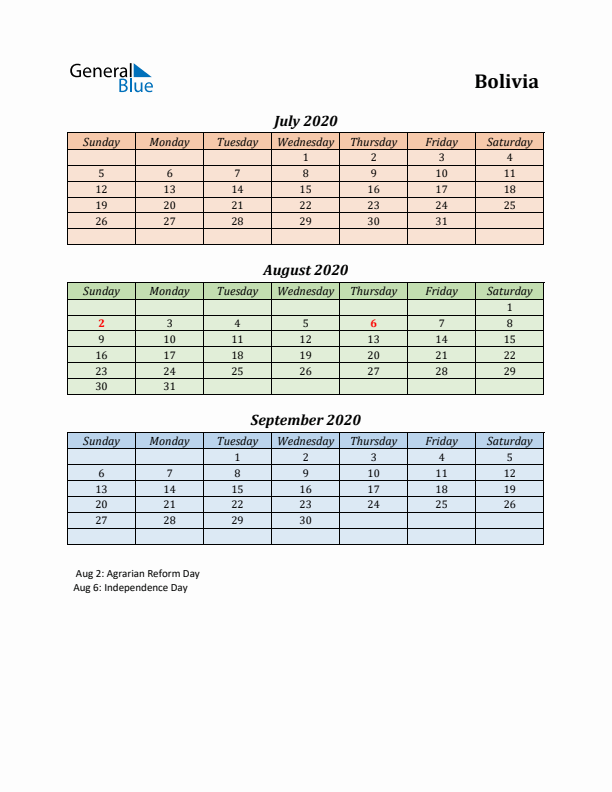 Q3 2020 Holiday Calendar - Bolivia