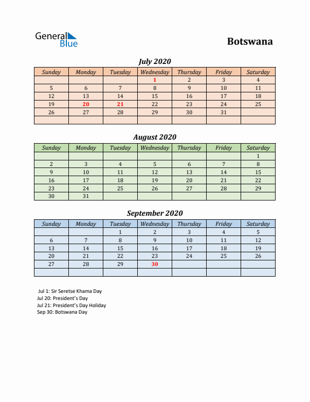 Q3 2020 Holiday Calendar - Botswana